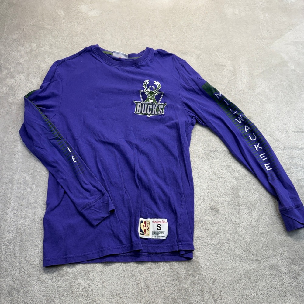 Milwaukee Bucks Shirt‎ Mens S Purple Mitchell & Ness Long Sleeve Basketball NBA